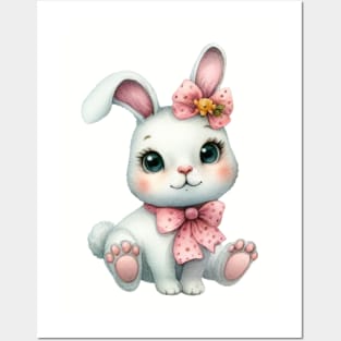 Cute rabbit with pink bows watercolor painting Posters and Art